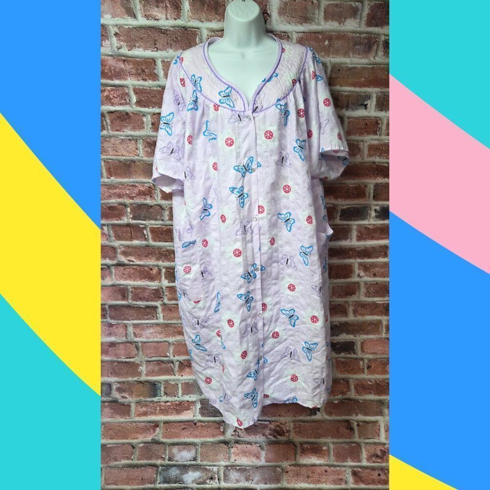 Vintage Casual Nights Purple‎ Butterfly Dress 4X Button Down Pockets Floral